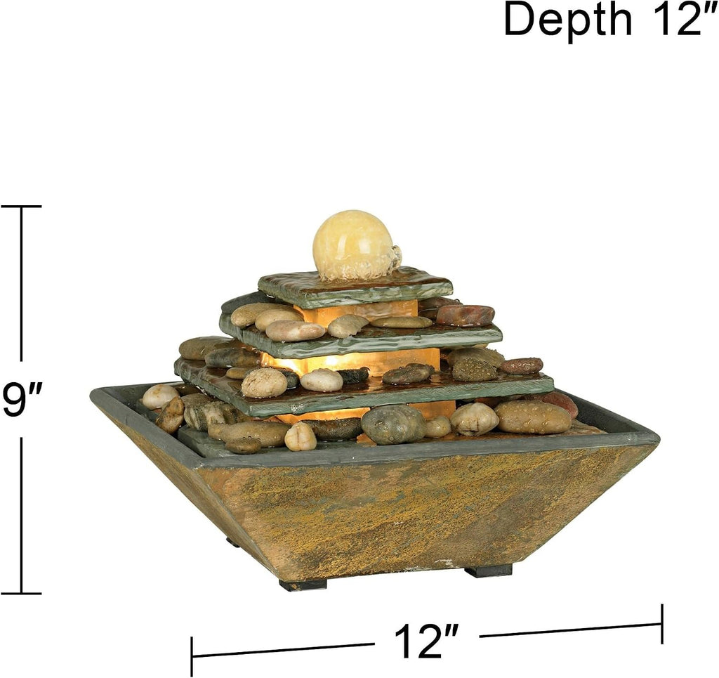Pyramid 9' High Small Zen Modern Indoor Decor Slate Stone Tabletop Fountain with Light LED Waterfall Feng Shui Ball Water Feature for Desk Relaxation Bedroom Living Room Countertop - John Timberland