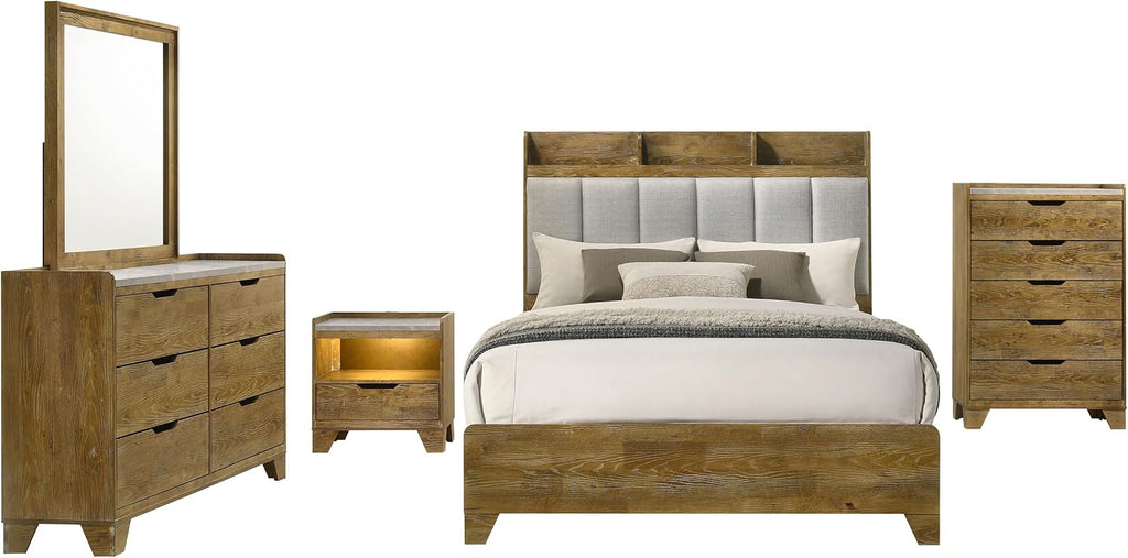 Coaster Home Furnishings - Henderson - Wood - 5-Piece Bedroom Set with Bookcase Headboard, USB Charging and Rustic Style - Bedroom - Queen Size - Medium Oak - 222971Q-S5