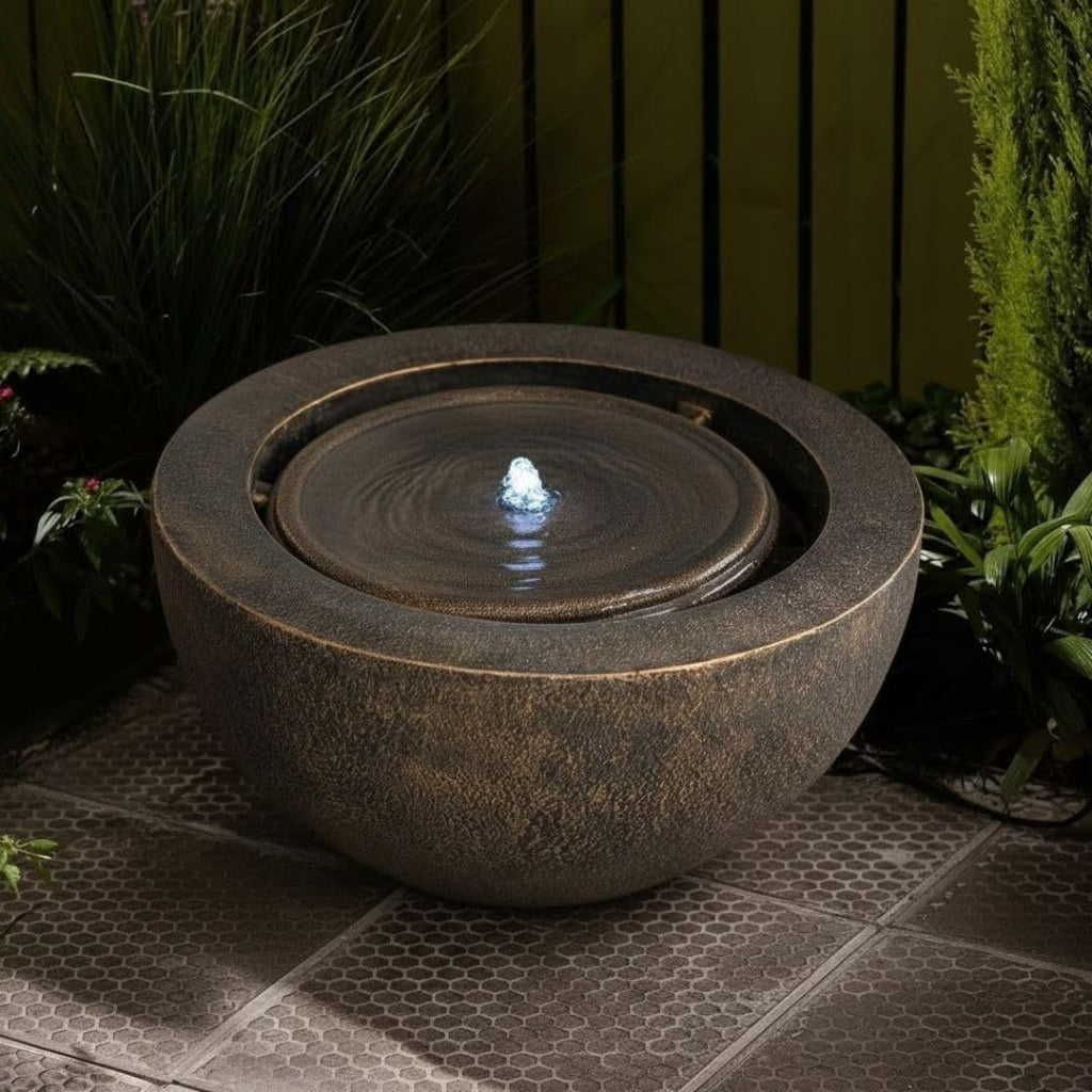 XBrand 19.8' W Round Sphere Water Fountain Indoor Outdoor with LED Light, Polyresin Bubbler Feature for Patio Garden Yard Home Décor, Bronze