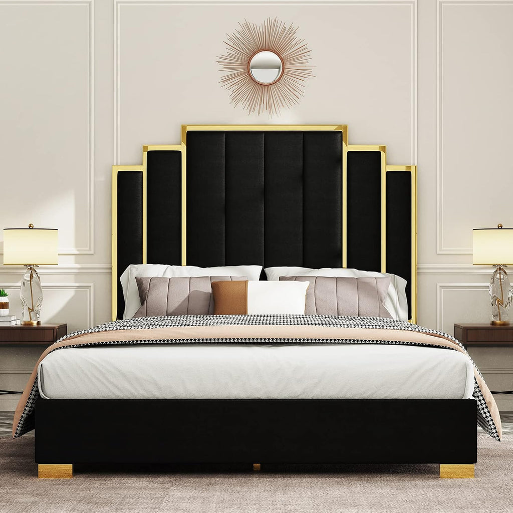 Albott Queen Size Platform Bed Frame, 61.4' Velvet Upholstered Bed with Gold Trim Headboard/Wooden Slats/No Box Spring Needed/Black