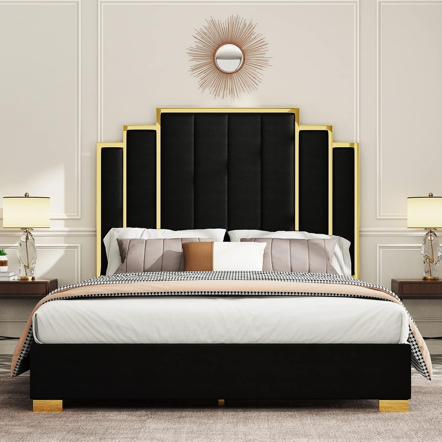 Albott Queen Size Platform Bed Frame, 61.4' Velvet Upholstered Bed with Gold Trim Headboard/Wooden Slats/No Box Spring Needed/Black