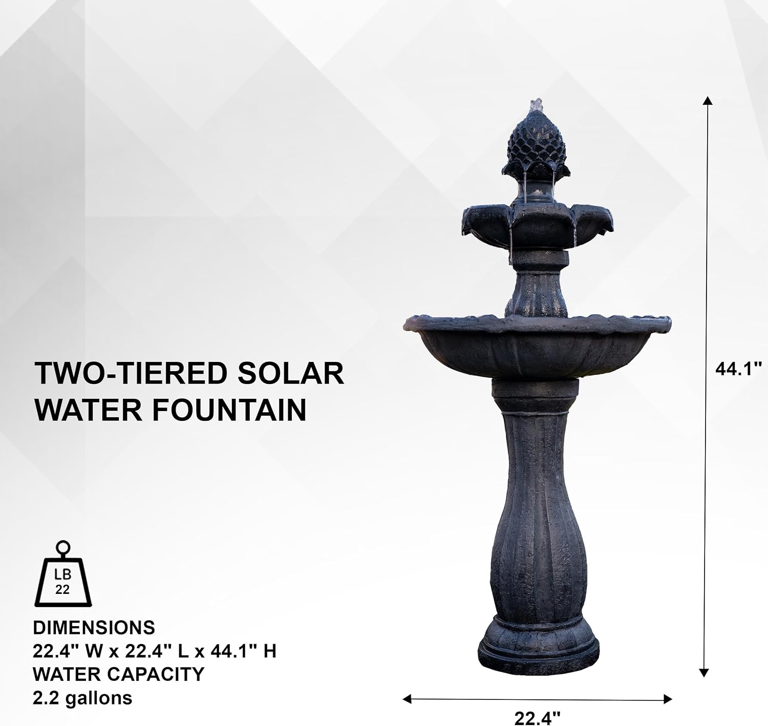 XBrand 44' Solar Powered 2-Tier Outdoor Water Fountain, Fiberglass Resin Fountain with Solar Panel and Auto Shut-Off Pump, Black