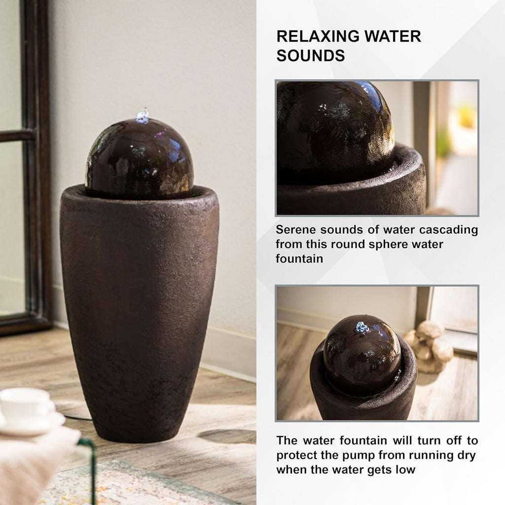 XBrand 25.98' H Black Round Stone Indoor/Outdoor Modern Sphere Water Fountain with LED Lights – Ball Bubbling Fountain Décor for Garden, Patio, or Tabletop