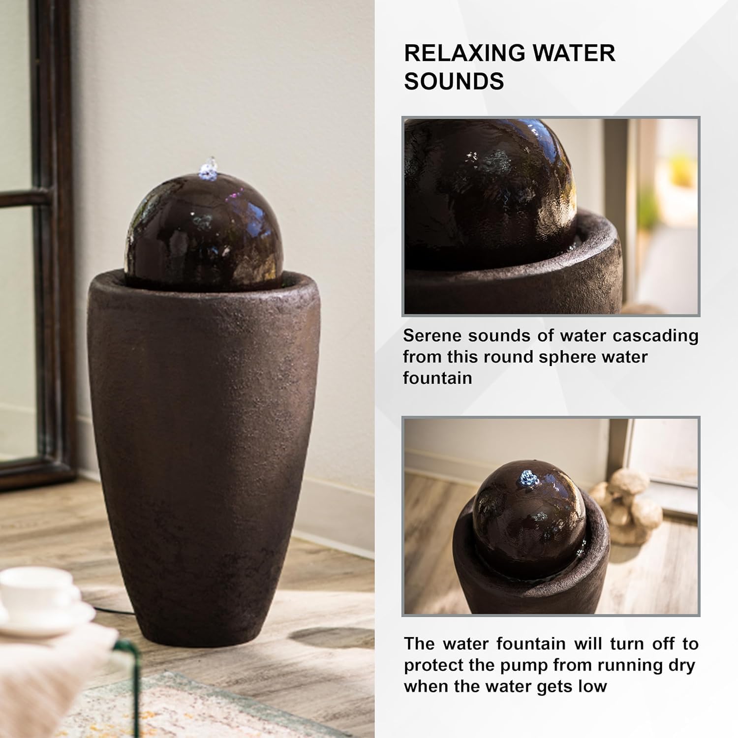XBrand 25.98' H Black Round Stone Indoor/Outdoor Modern Sphere Water Fountain with LED Lights – Ball Bubbling Fountain Décor for Garden, Patio, or Tabletop