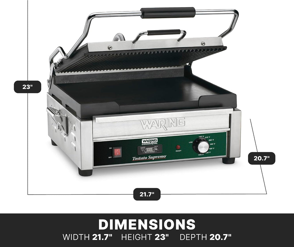 Waring Commercial Panini Press with Timer, Ribbed & Flat Cast Iron Plates, 14.5' x 11' Cooking Surface, 570°F Adjustable Thermostat, for Sandwiches up to 3' Thick, 120V, WDG250T