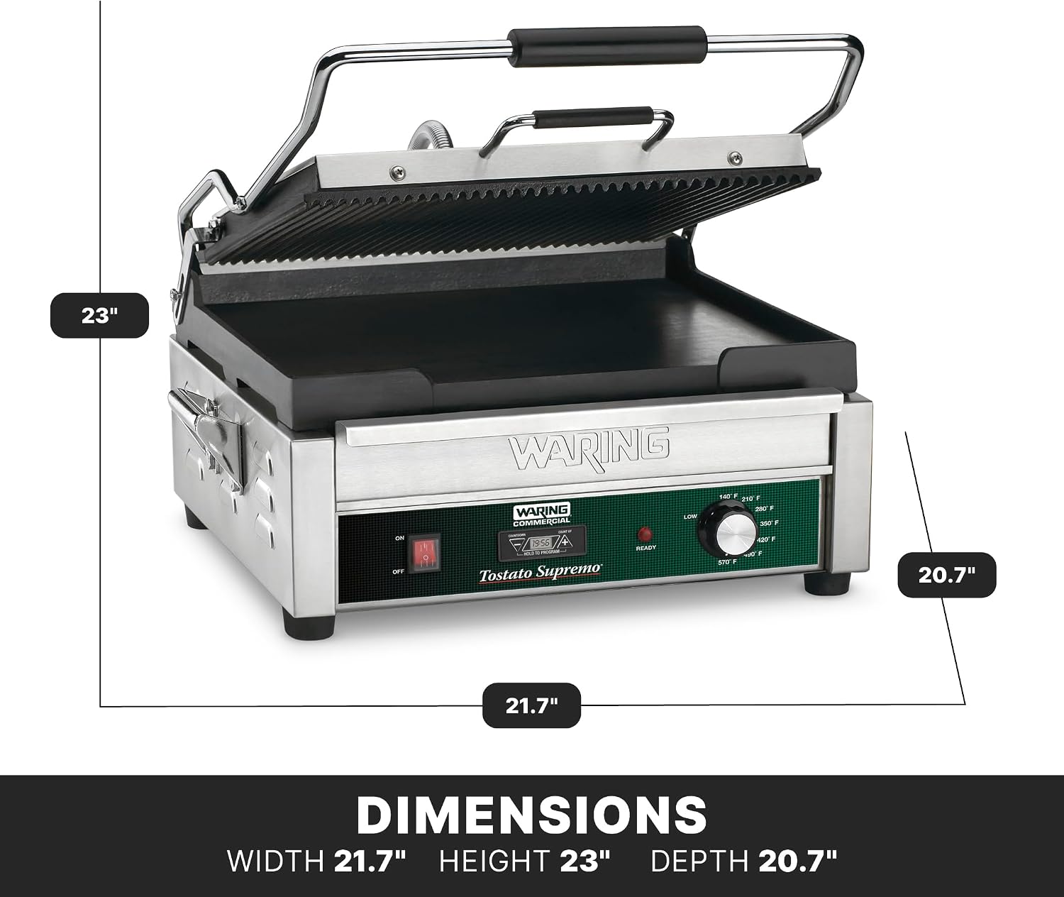 Waring Commercial Panini Press with Timer, Ribbed & Flat Cast Iron Plates, 14.5' x 11' Cooking Surface, 570°F Adjustable Thermostat, for Sandwiches up to 3' Thick, 120V, WDG250T