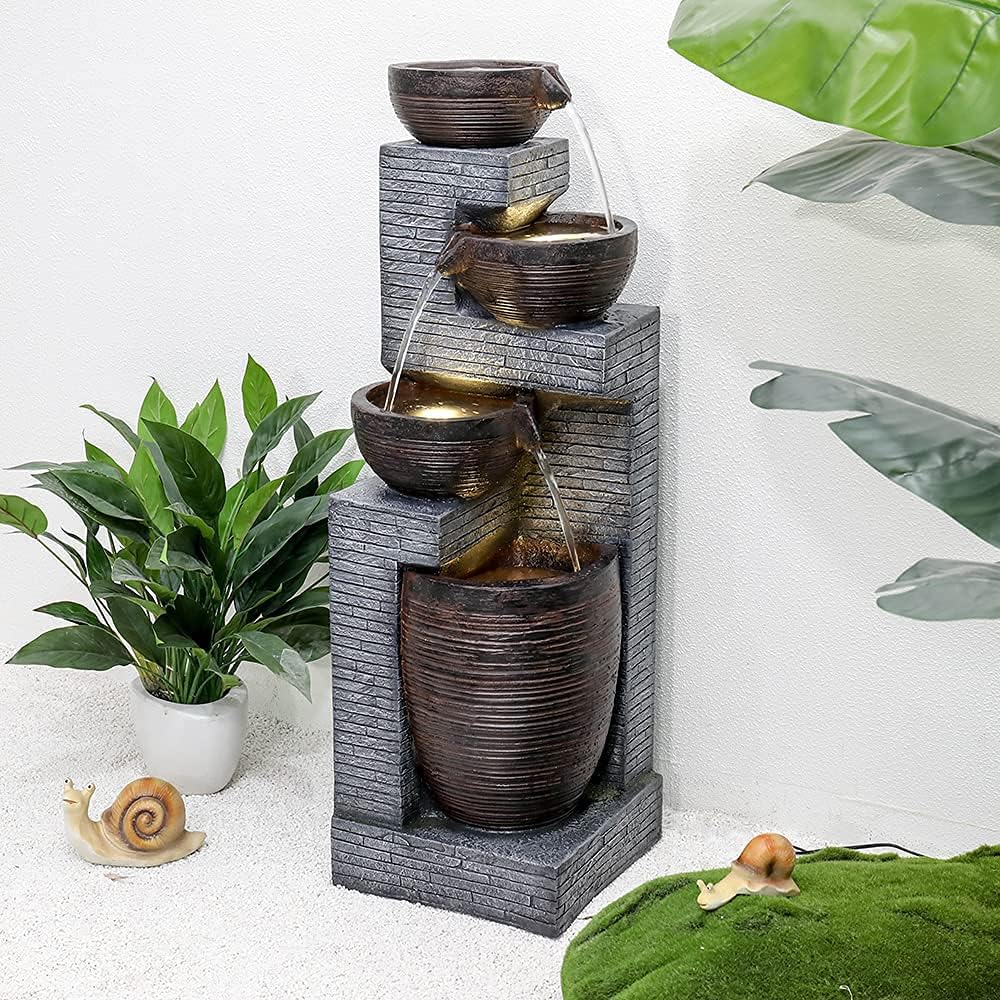 SunJet Indoor/Outdoor Cascading Water Fountain - 40.1inches Garden Fountains with Warm Lights, 4 Bowls Waterfall Feature for Home Deck, Patio, Porch, Yard Decor