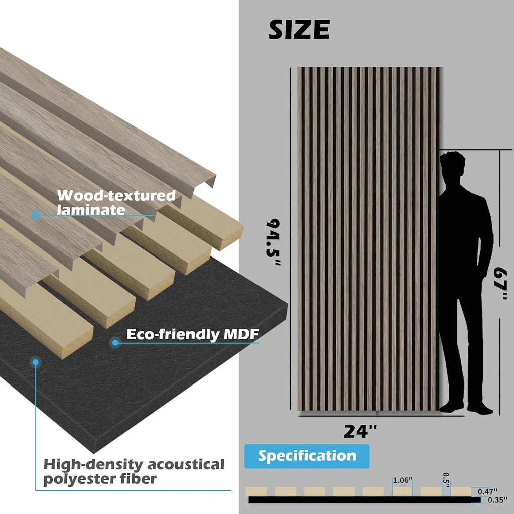 Art3d 2-Pack 94.5' x 24' Acoustic Wood Panels for Wall, 31 sq.ft Soundproof Wood Slat Panels, 3D Fluted Sound Absorbing Paneling for Interior Wall Decor, Living Room, Bedroom - Brown Oak