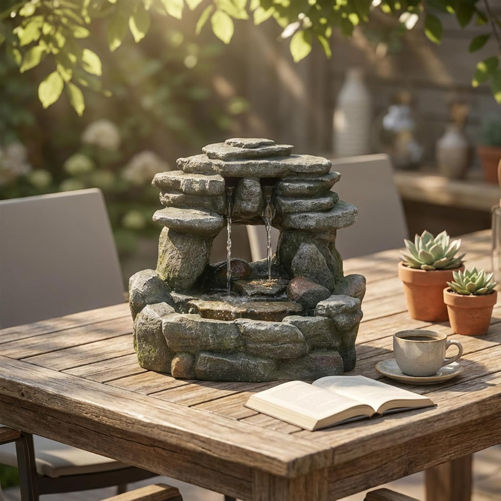 Bumilgar 15.55' Tabletop Rock Water Fountain – Cascading Stacked Stone Waterfall Fountain with LED Light, Zen Indoor Tabletop Fountain for Desk, Side Table, Home Office, Meditation Décor