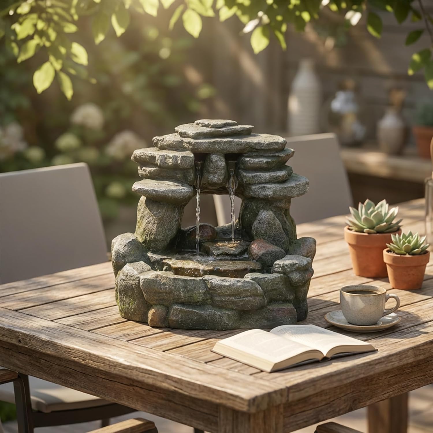 Bumilgar 15.55' Tabletop Rock Water Fountain – Cascading Stacked Stone Waterfall Fountain with LED Light, Zen Indoor Tabletop Fountain for Desk, Side Table, Home Office, Meditation Décor
