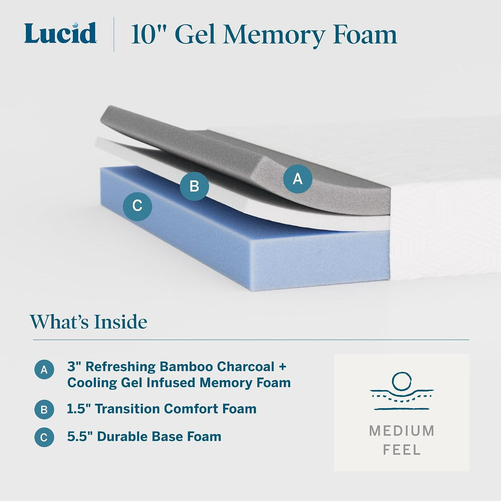 Lucid 10 Inch Memory Foam Mattress - Medium Feel - Infused with Refreshing Bamboo Charcoal and Cooling Gel - Bed in a Box - Temperature Regulating - Pressure Relief - Breathable - California King Size