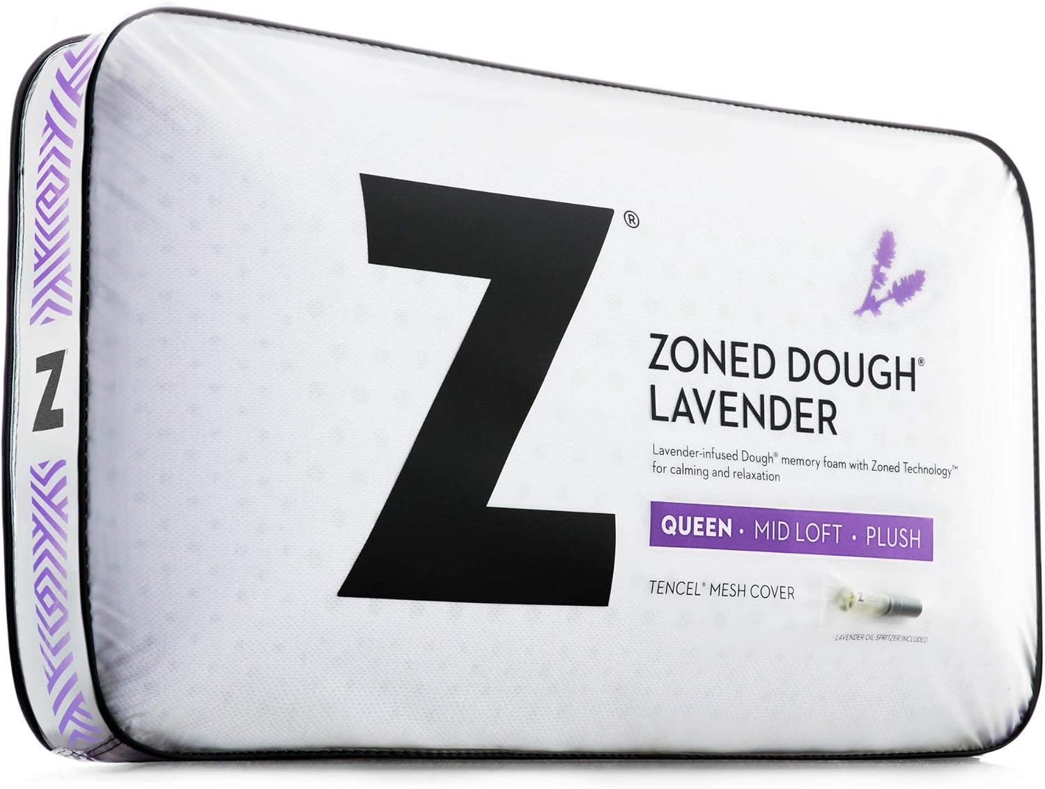 MALOUF Z Zoned Dough Memory Foam Infused with Real Natural Lavender Oil Aromatherapy Pillow Spray Included-Queen, purple