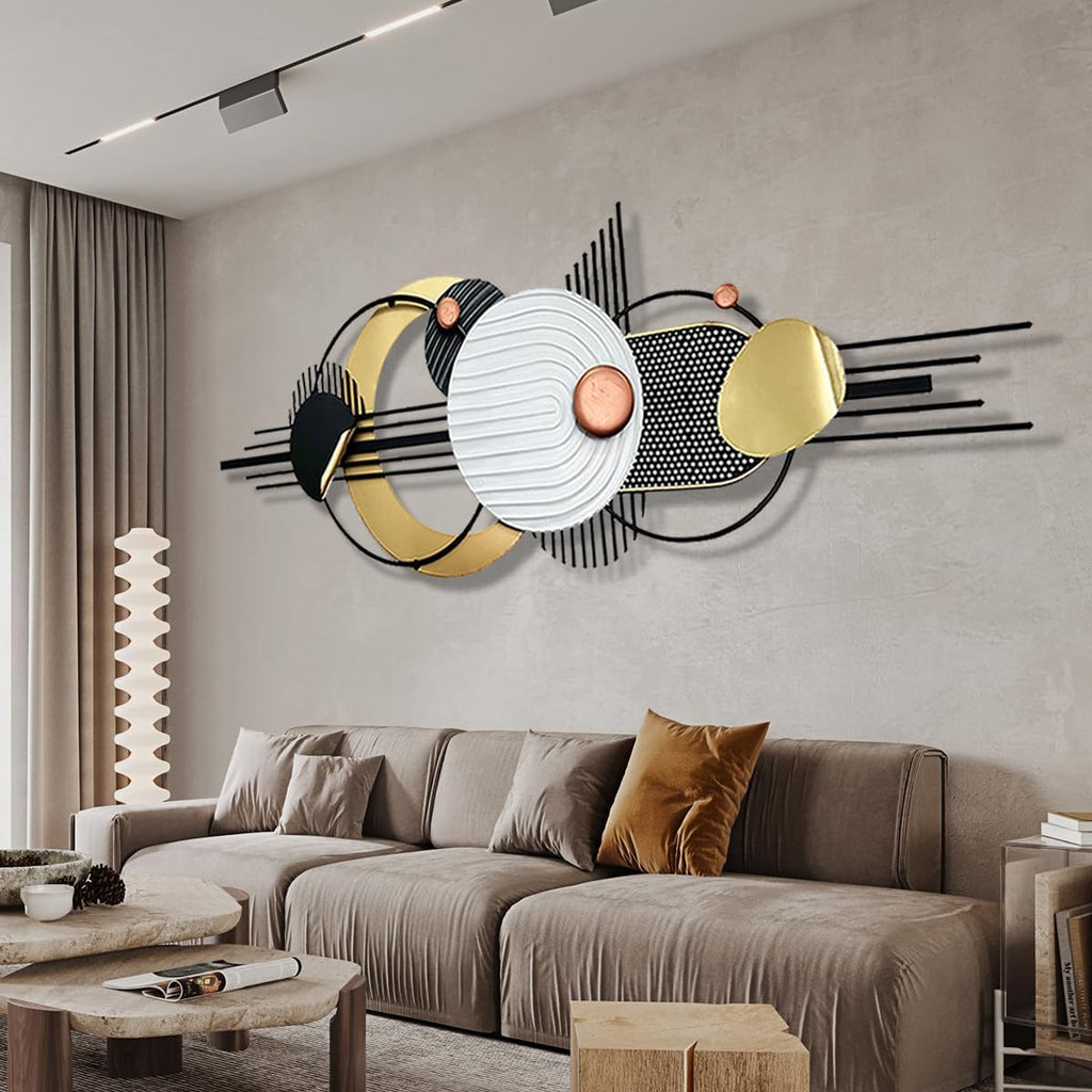 Metal Wall Art, Black and White Gold Wall Sculptures, Minimalist Geometric Decor, 3D Large 59'*21' Wall Art for Living Room Bedroom Bathroom Study Modern Wall Decor, Home Hanging Wall Sculpture