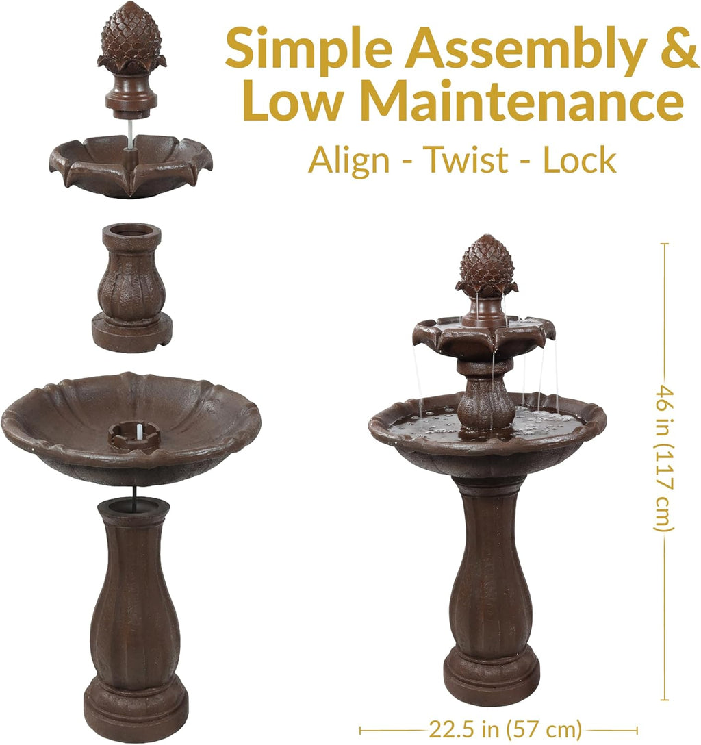 Sunnydaze Pineapple 46-Inch 2-Tier Outdoor Solar Fountain - Decorative Water Fountain with Pump for Garden, Patio, Yard or Balcony - Rust Finish