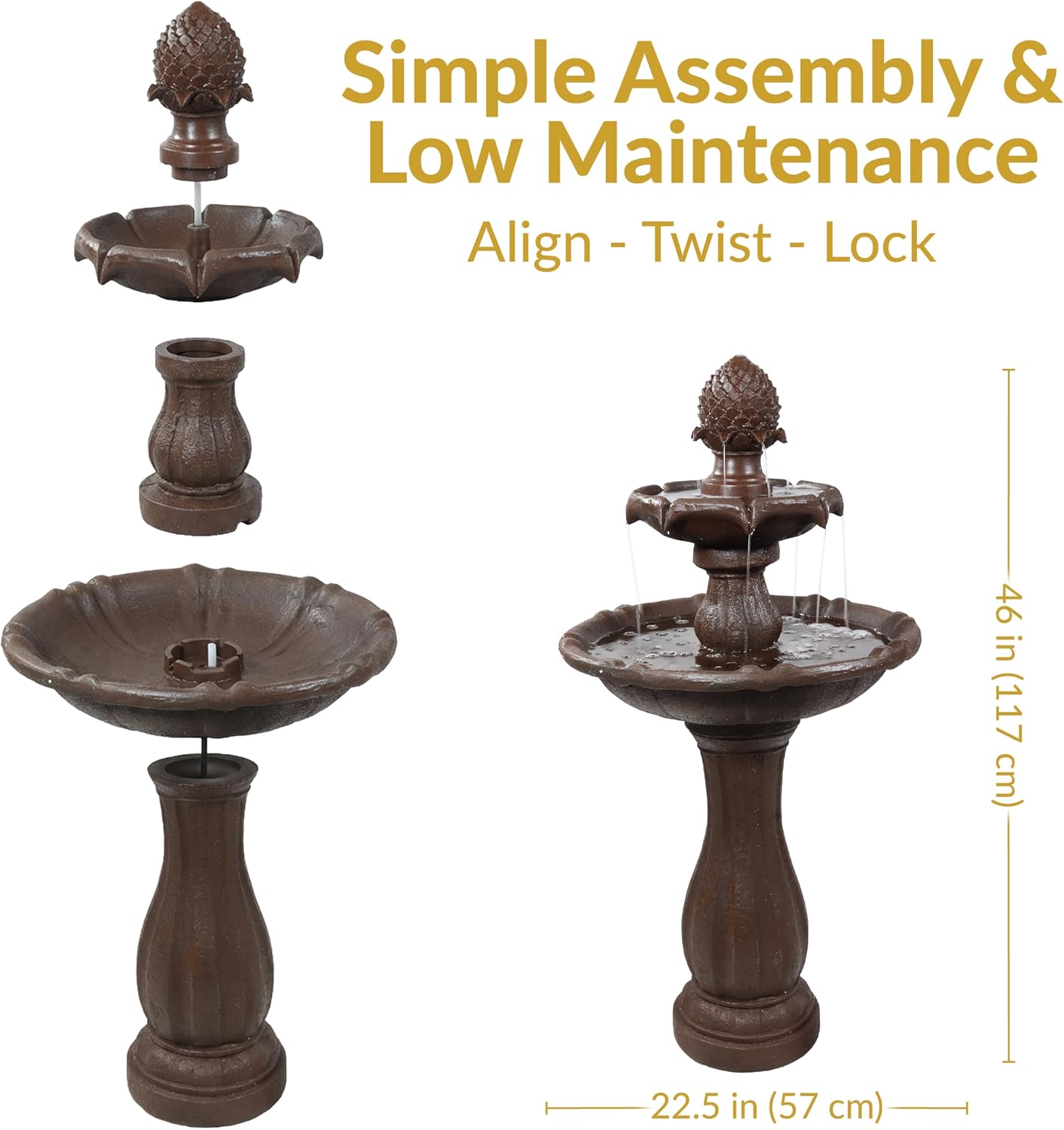 Sunnydaze Pineapple 46-Inch 2-Tier Outdoor Solar Fountain - Decorative Water Fountain with Pump for Garden, Patio, Yard or Balcony - Rust Finish