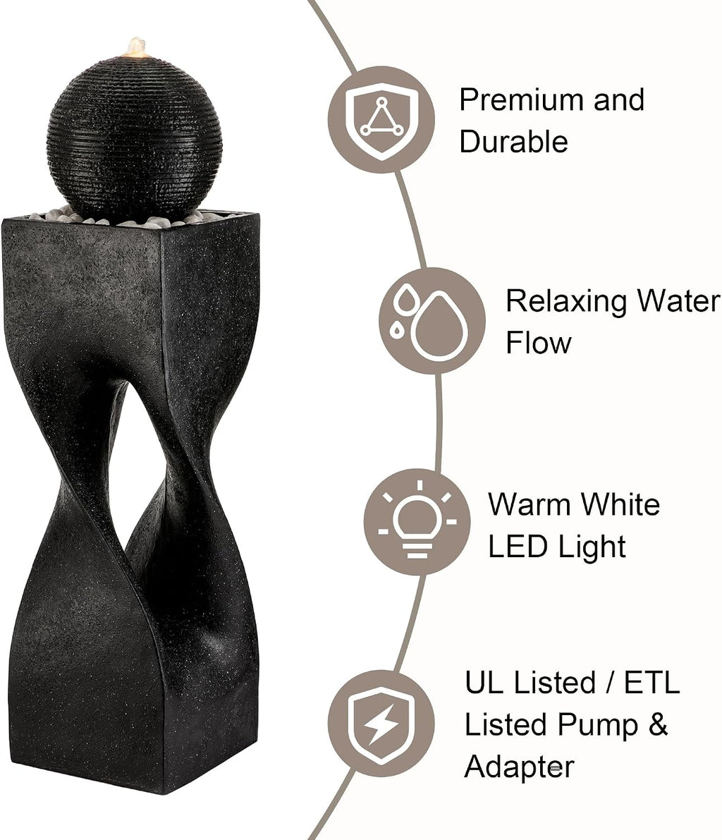Glitzhome Water Fountain Outdoor, Outdoor Fountain with Lights, 40.5' H Modern Large Geometric Pedestal and Sphere Polyresin Outdoor Water Feature with Pump for Garden, Patio, Backyard, Porch (Black)