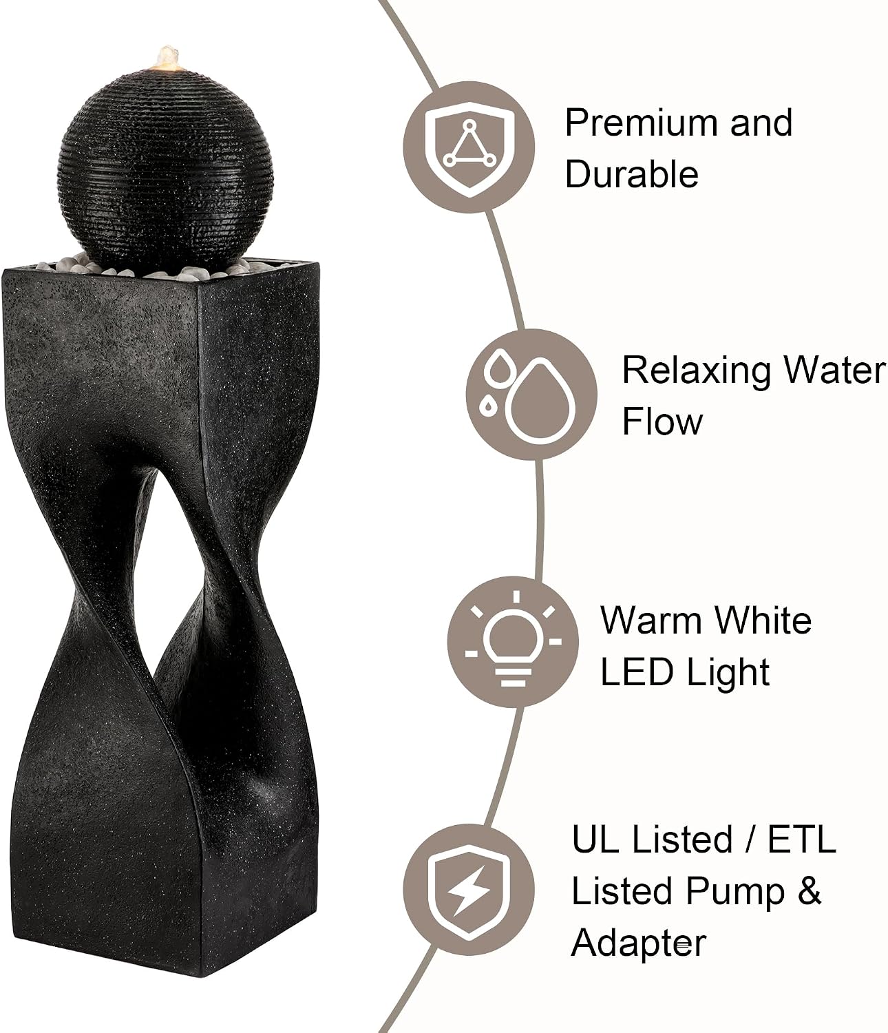 Glitzhome Water Fountain Outdoor, Outdoor Fountain with Lights, 40.5' H Modern Large Geometric Pedestal and Sphere Polyresin Outdoor Water Feature with Pump for Garden, Patio, Backyard, Porch (Black)