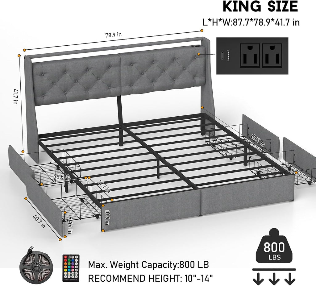 King Size Bed Frame with LED Lights and Charging Station, Upholstered Platform Bed with Storage Headboard and 4 Drawers, Metal Slat Support, Noise-Free, No Box Spring Needed, Easy Assembly, Gray