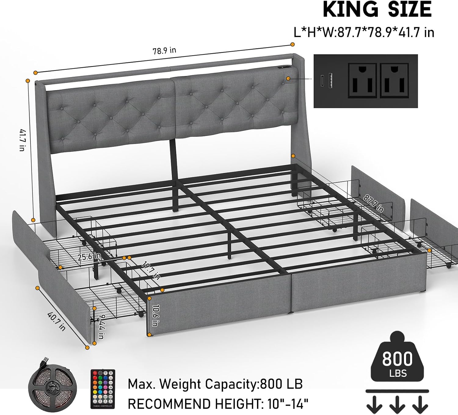King Size Bed Frame with LED Lights and Charging Station, Upholstered Platform Bed with Storage Headboard and 4 Drawers, Metal Slat Support, Noise-Free, No Box Spring Needed, Easy Assembly, Gray