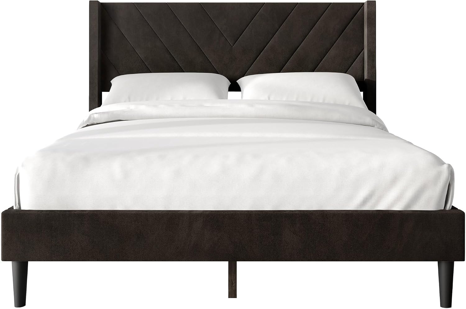 Queen Platform Bed Frame with Chevron-Stitched Wingback Headboard, Velvet Upholstery, No Box Spring Needed, Easy Assembly, Brown