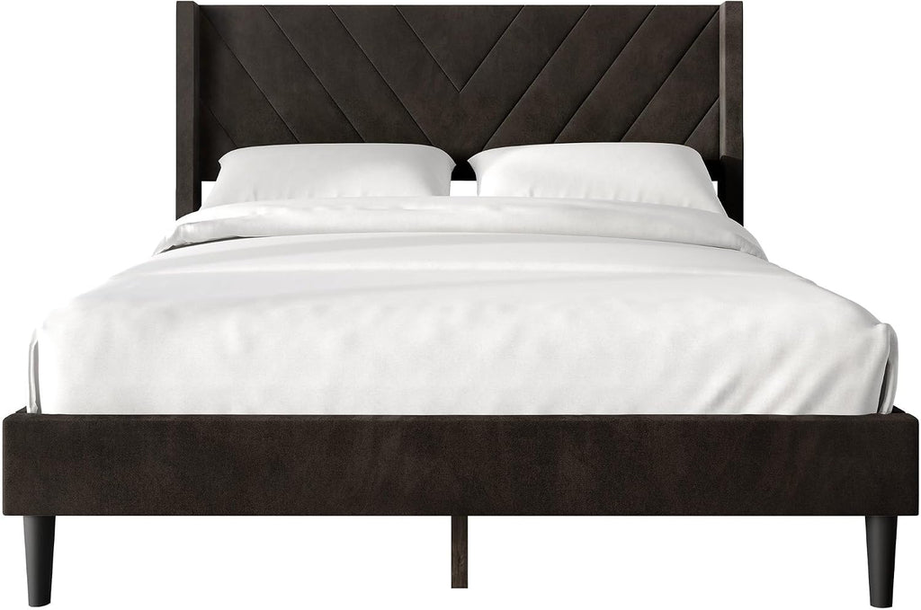 Twin Platform Bed Frame with Chevron-Stitched Wingback Headboard, Velvet Upholstery, No Box Spring Needed, Easy Assembly, Brown