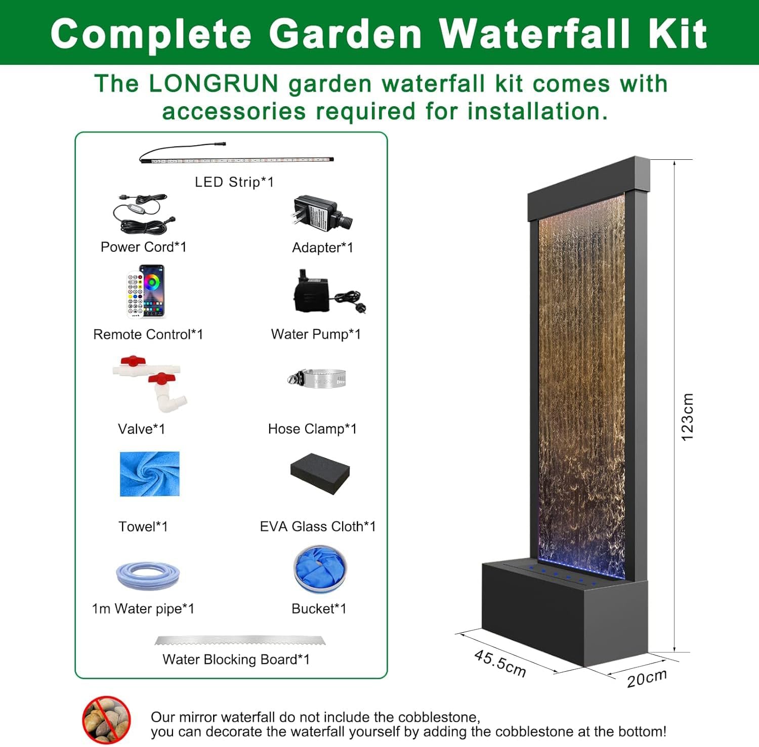 LONGRUN Indoor Water Fountain Mirror Waterfall Fountain with APP Controlled Multicolor LED Light, Floor Standing Fountains Kit, 48' Home Decor Large Freestanding Water Feature Waterfalls - Black Brown