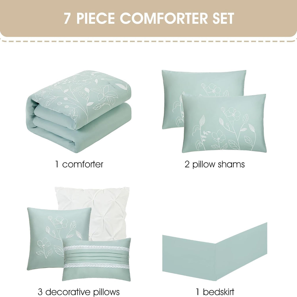 Stratford Park 7 Piece Green Comforter Set, Embroidery, Queen Size, Girls Bedding, All Season Bedding Set, Unique Pattern, Matching Decorative Pillows, Pillow Sham