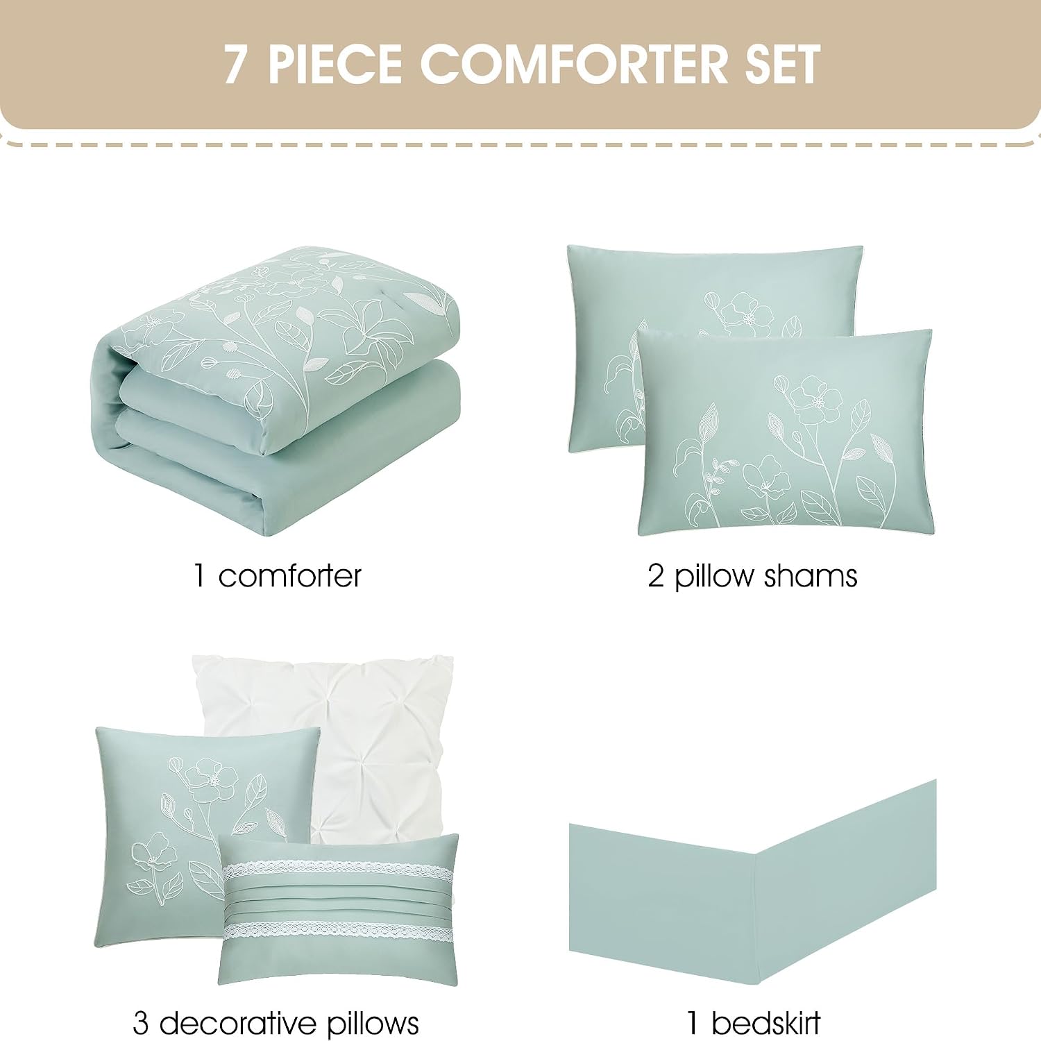 Stratford Park 7 Piece Green Comforter Set, Embroidery, Queen Size, Girls Bedding, All Season Bedding Set, Unique Pattern, Matching Decorative Pillows, Pillow Sham