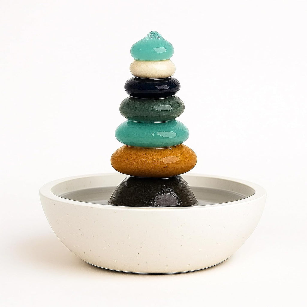 Natural Septuple Rock Cairn Water Fountain with Glass - Indoor Tabletop Water Fountain - Natural Stone & Recycled Glass Water Feature for Home and Office Decor