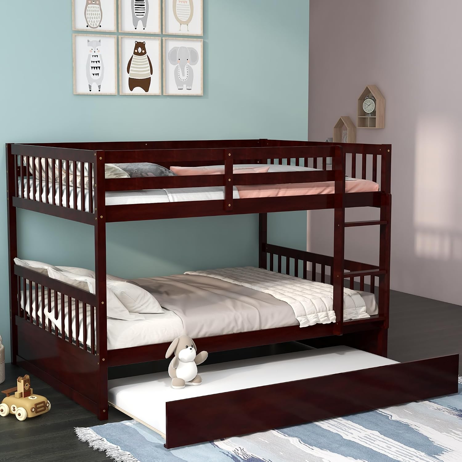 KOMFOTT Wood Full Over Full Bunk Bed with Trundle, Full Bed Frame with Ladder, Solid Wood Frame & Safety Guardrails, Space-Saving Bunk Bed for Teens & Adults, No Box Spring Needed