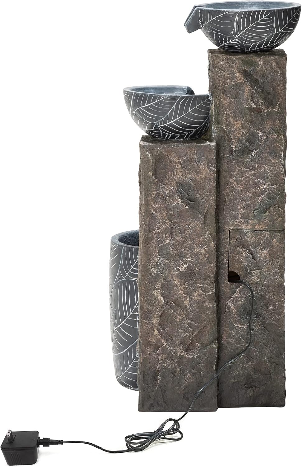 Glitzhome 32.75' H Outdoor Garden Water Fountain with LED Lights and Pump, Natural Leaf Textured 4-Tier Resin Cascading Floor-Standing Fountain for Porch Deck Patio Backyard Decoration