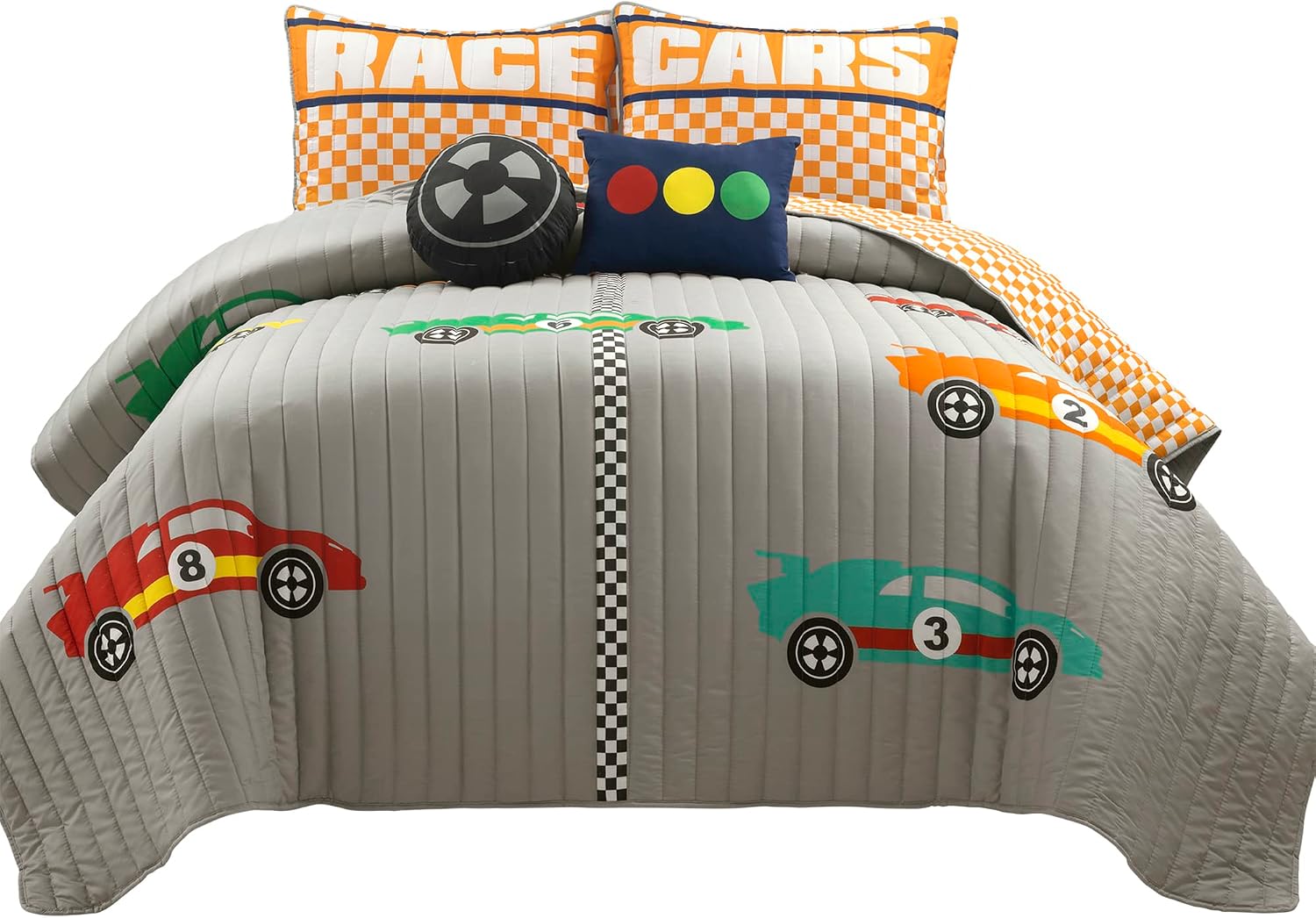 Lush Decor Racing Cars Reversible Oversized 5 Piece Quilt Set, Full/Queen, Gray & Orange