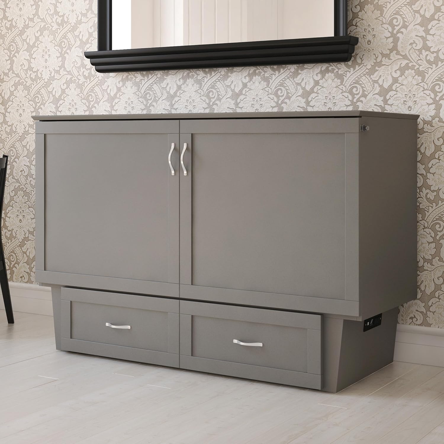 AFI, Monroe Queen Murphy Bed Chest with 6' Mattress, Storage Drawer & Built-in USB Charger, Grey