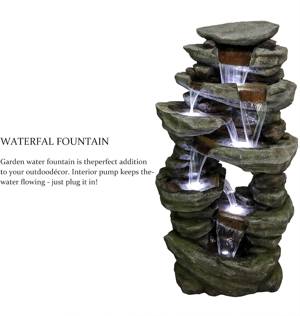 SunJet 60' High Multi-Tiers Cascading Rock Outdoor Water Fountain with LED Lights - Large Outdoor Fountains and Waterfalls for Garden or Patio, Yard, and Deck Decor, Featuring Natural Stone Look