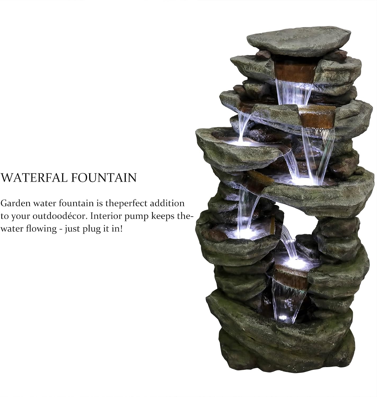 SunJet 60' High Multi-Tiers Cascading Rock Outdoor Water Fountain with LED Lights - Large Outdoor Fountains and Waterfalls for Garden or Patio, Yard, and Deck Decor, Featuring Natural Stone Look