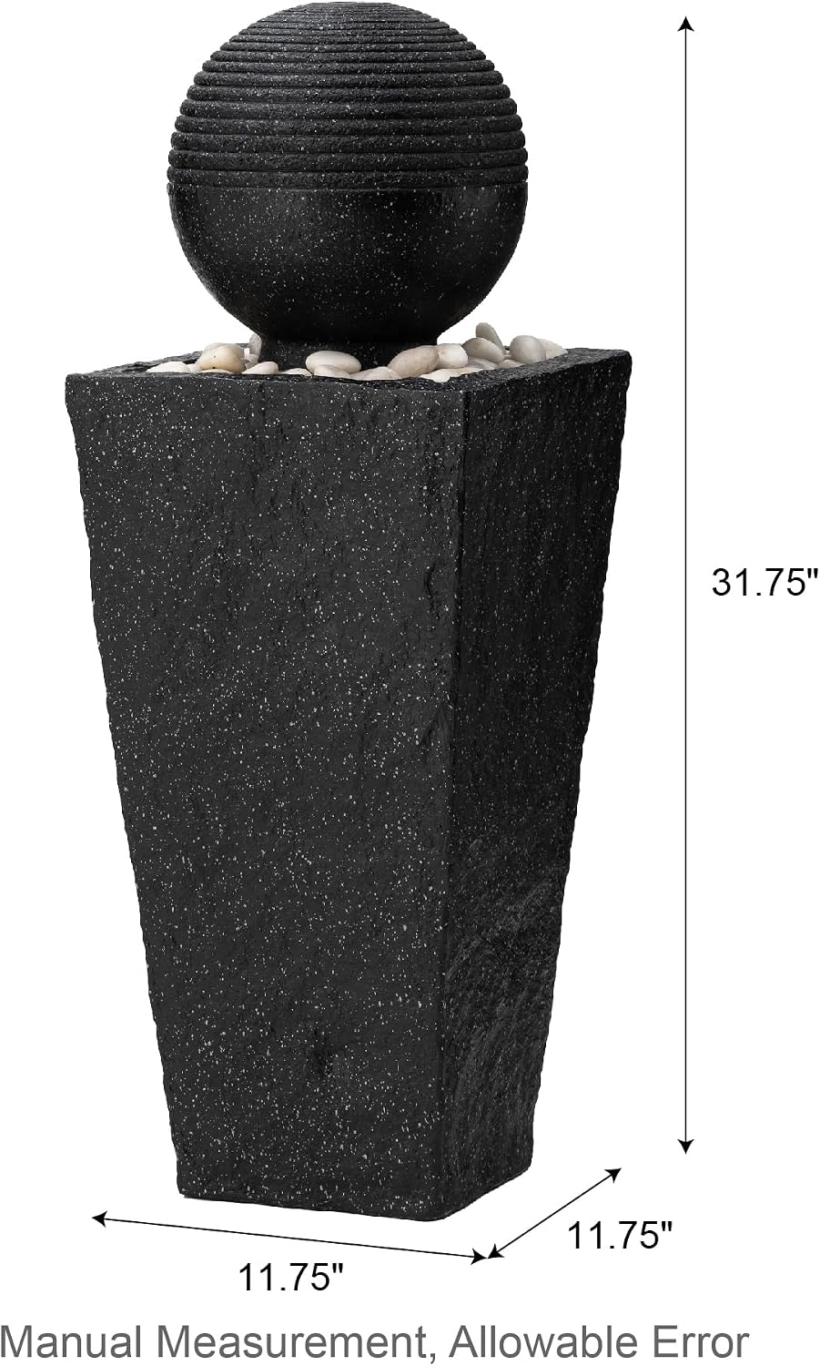 Glitzhome Outdoor Water Fountain with LED Light & Pump, Black Pedestal Sphere Fountain Decorative Water Fountains, Modern Waterfall Floor Fountain with Pebbles for Garden Patio Decor Porch, 31.75'H