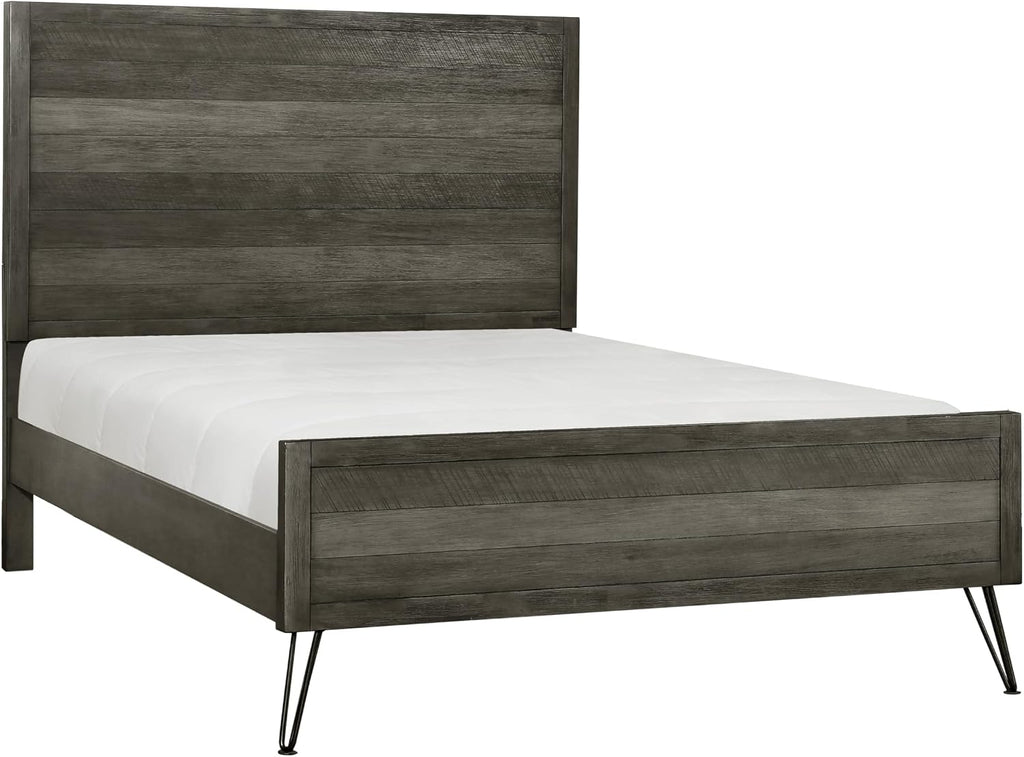 5-Piece Modern Queen Size Bed Set Panel Gray Finish Solid Acacia Wood Metal Legs Bedroom Furniture