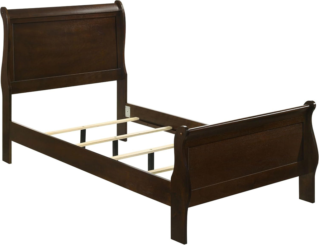 Coaster Home Furnishings Louis Philippe 4-piece Bedroom Set Twin Size Traditional Wooden Sleigh Bed Frame 47-Inch Panel Headboard Nightstand Dresser and Mirror Cappuccino Brown 202411T-S4