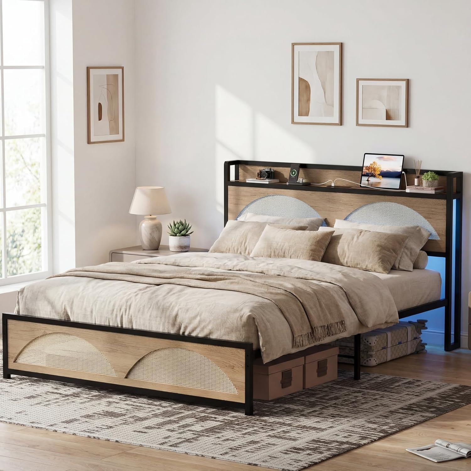 LIKIMIO Rattan Queen Bed Frame with Headboard, LED Lights & Charging Station, Modern Rattan Bedframe, Platform Bed Frame Queen Size, Strong Metal Slat, Noise Free, No Box Spring Needed, Easy Assembly