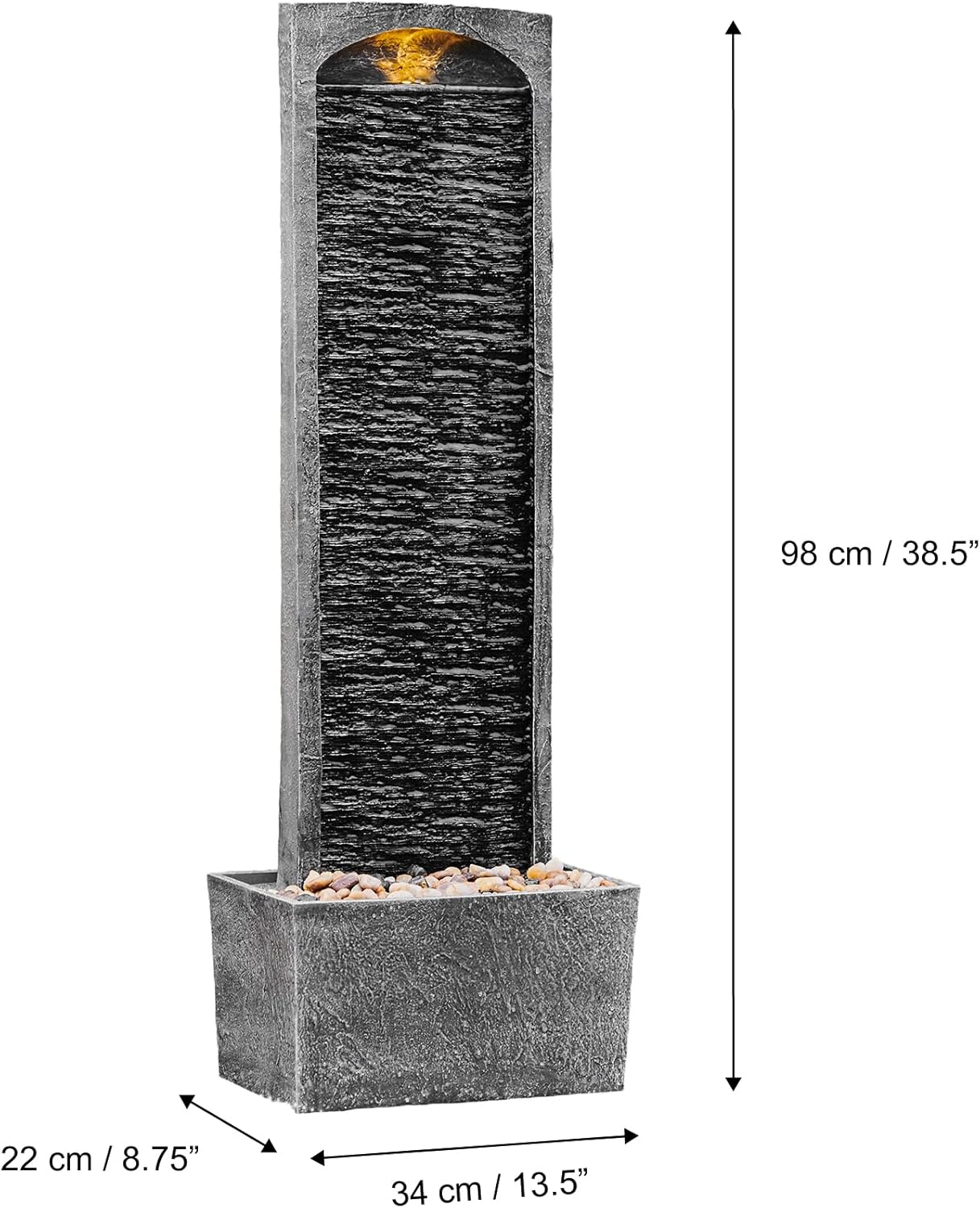 Teamson Home 38.5' Faux Slate Contemporary Outdoor LED Waterfall Fountain with Pebble Base, Gray/Black