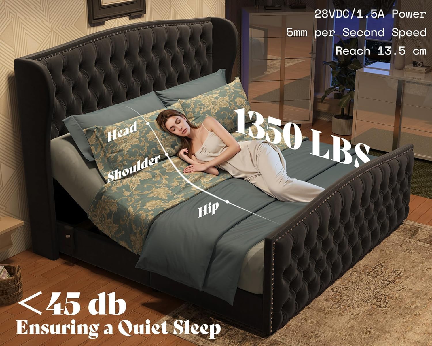 AMERLIFE 51' H Queen Size Adjustable Bed Frame with Velvet Upholstered and Deep Button Tufted Headboard, Electric Bed with Dual Motor/Nailhead Trim Wingback, No Box Spring Needed, Black