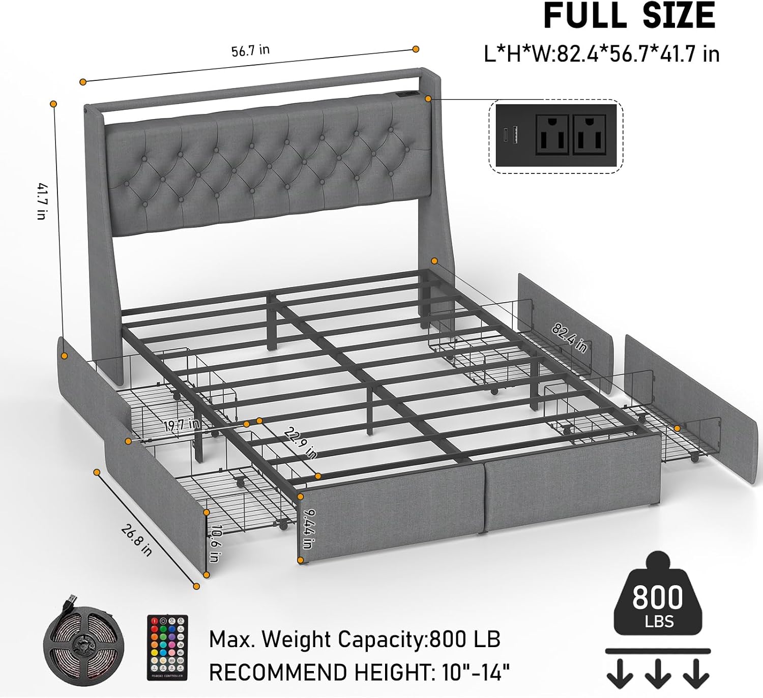 UINTAI Full Size Bed Frame with 4 Storage Drawers and LED Lights, Upholstered Platform Full Bed with Button Tufted Headboard and Charging Station, No Box Spring Needed, Easy Assembly, Gray