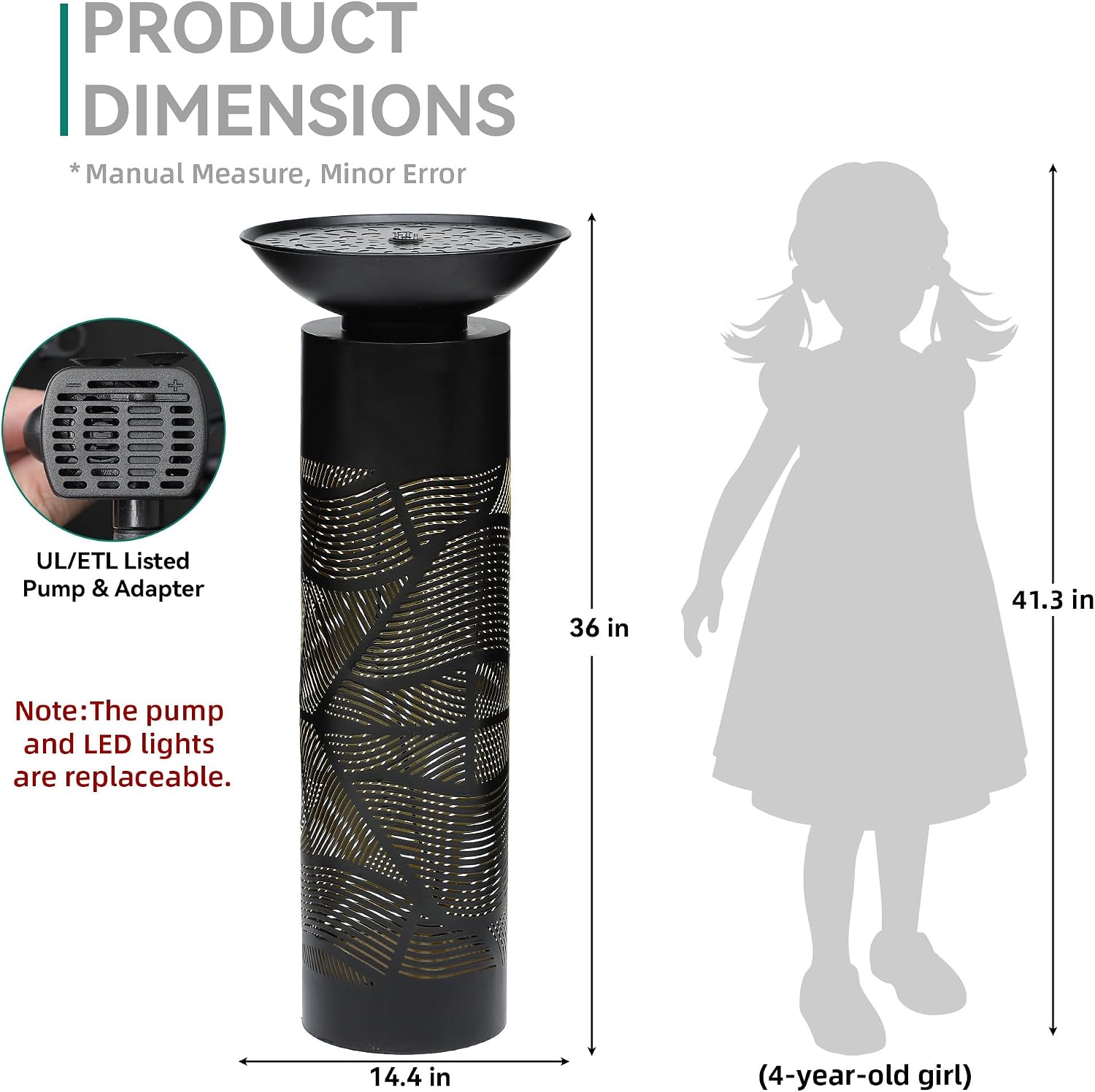 32' H Metal Cutout Outdoor Fountain with Charming Lights & Shadow, Modern Geometric Pedestal Birdbath Water Fountain, Relaxing Water Feature for Garden Patio Yard Front Door Décor, Black