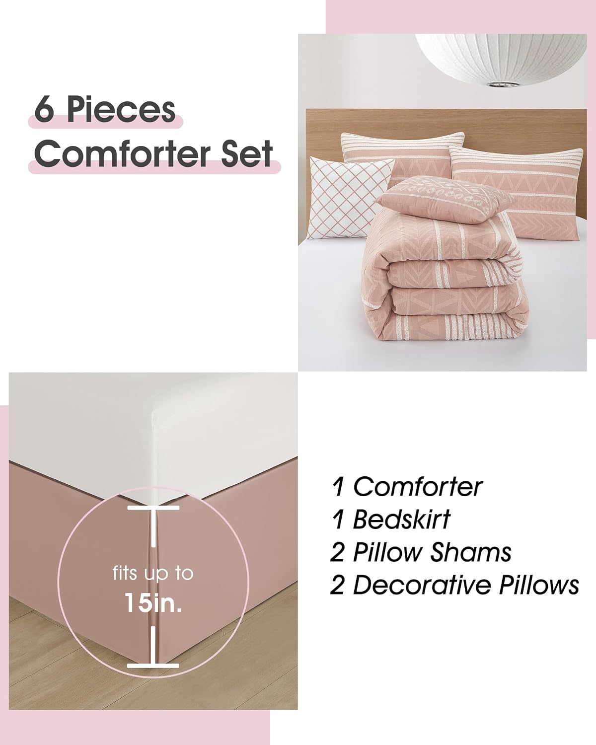 LANCO MODERN LIFESTYLE Cotton Comforter Set Queen, Gorgeous Geometric Jacquard, Blush Soft Lightweight Bedding Set for All Seasons, Bedskirt, Pillow Shams and Decor Pillows