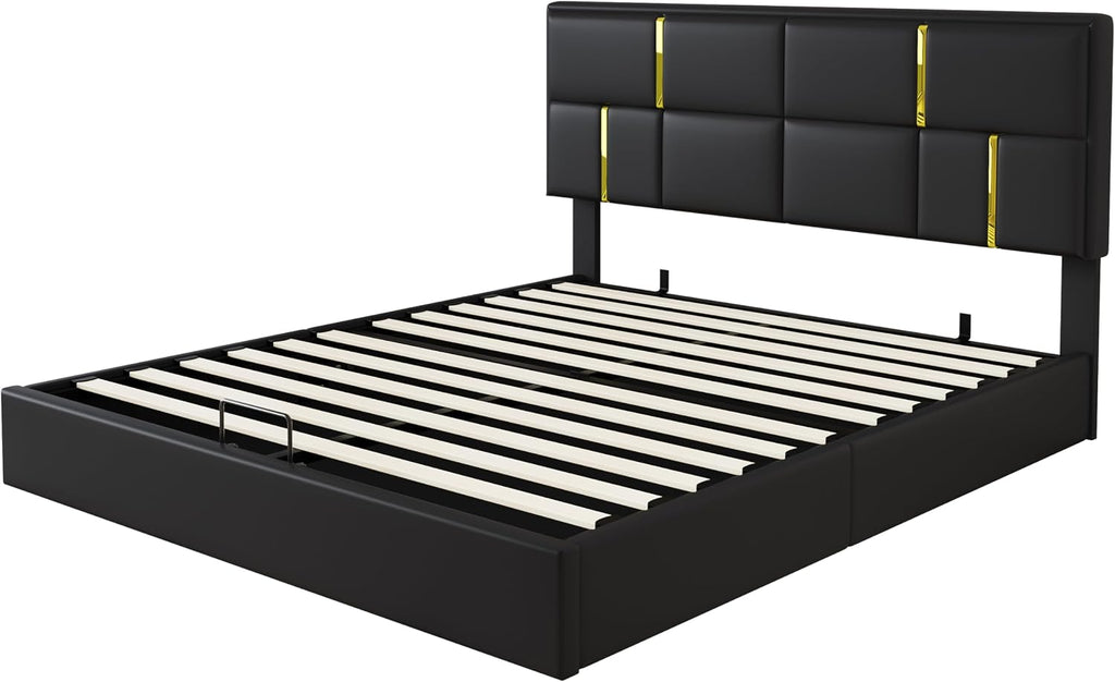JIVOIT Elegant Design 2-Pieces Bedroom Sets, Queen Size Upholstered Platform Bed with Hydraulic Storage System, Upholstered Storage Ottoman with Metal Legs, Space Saving Design (Black,Sets,5)