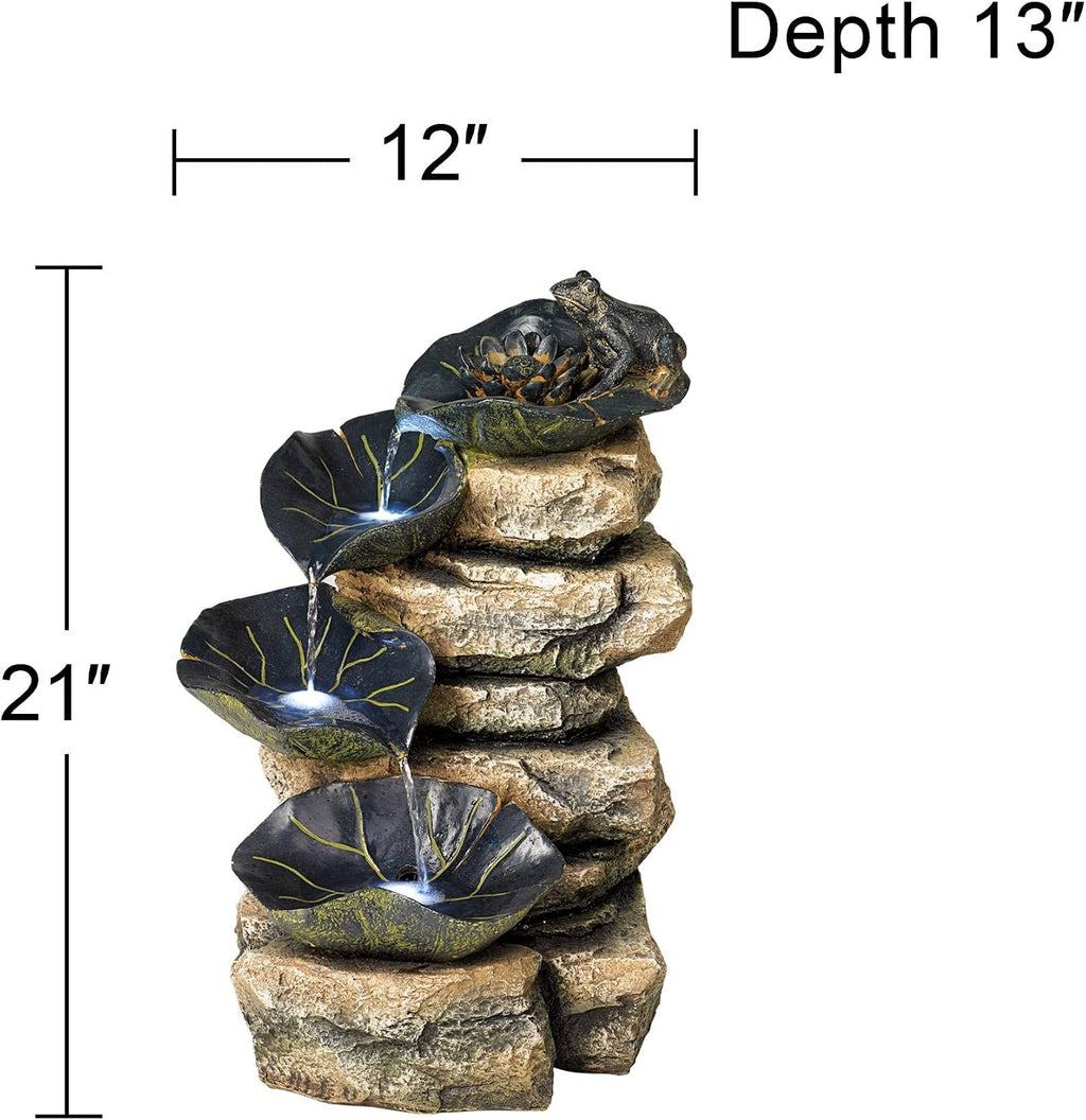 Frog and Four Lily Pad 21' High Large Rustic Indoor Outdoor Cottage Core Decor Faux Stone Floor Fountain with Light LED Standing Waterfall Water Feature for Outside Garden Patio Yard - John Timberland