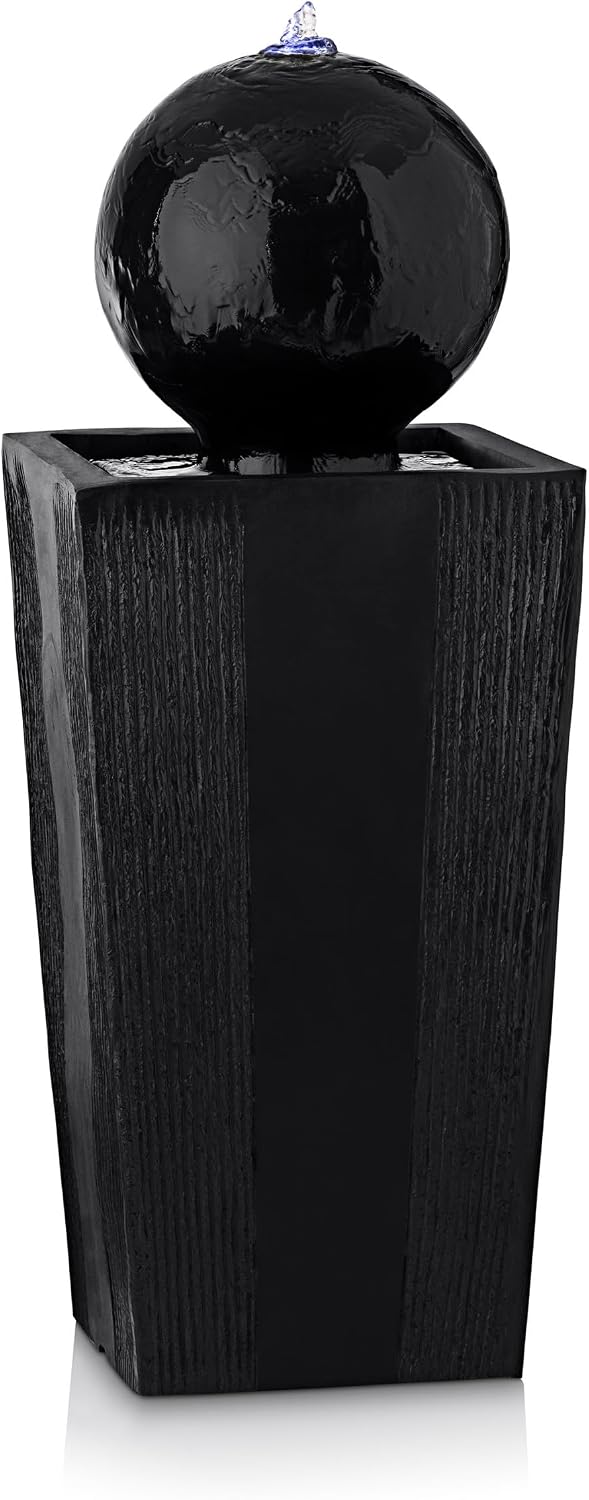 Alpine Corporation GIL786 Outdoor Floor Modern Sphere and Pedestal Soothing Waterfall Fountain for Garden 33', Black