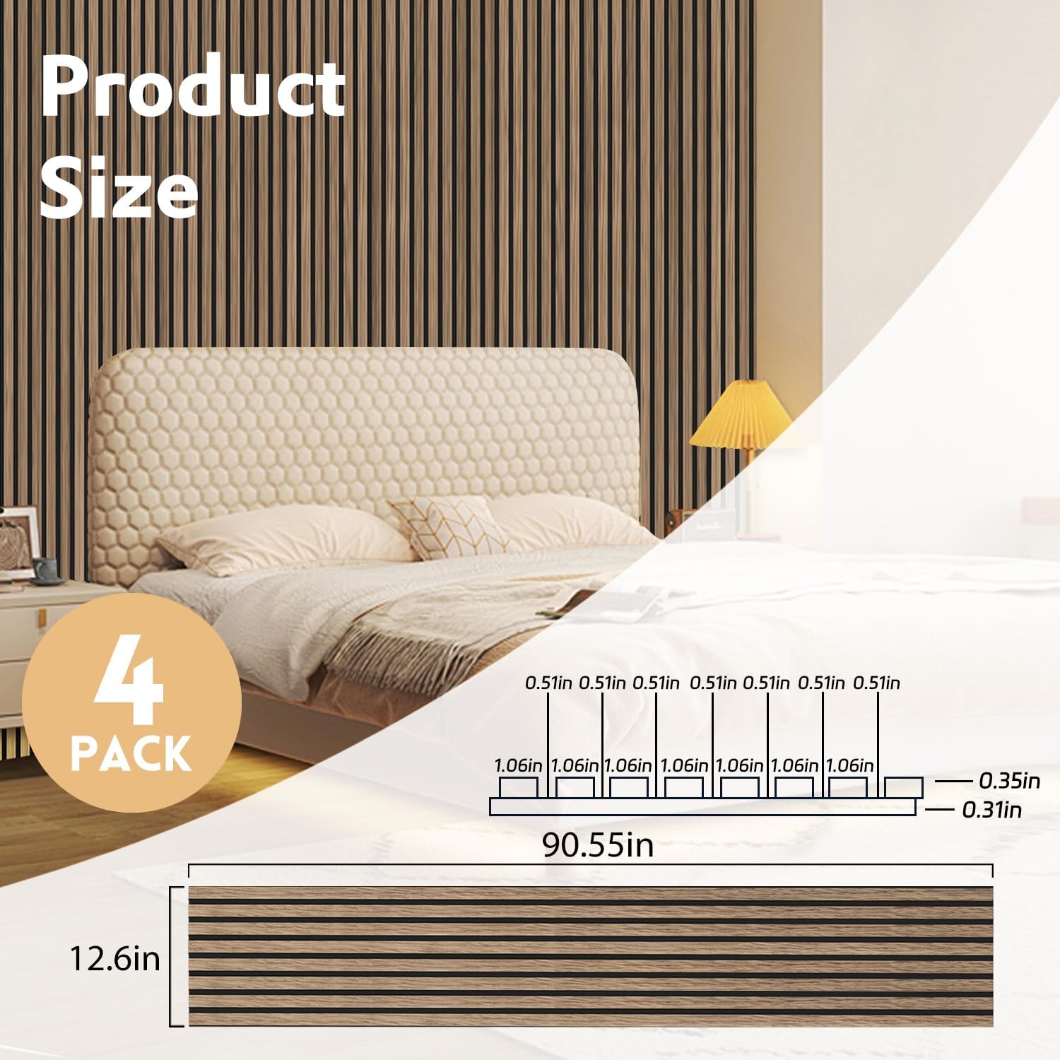 RITOLLO 4 Pack Wood Panels for Wall, 90.55'×12.6' Wood Slat Acoustic Panels for Wall, Soundproof Panels, 3D Fluted Panels for Interior Wall Decor (Natural Walnut)