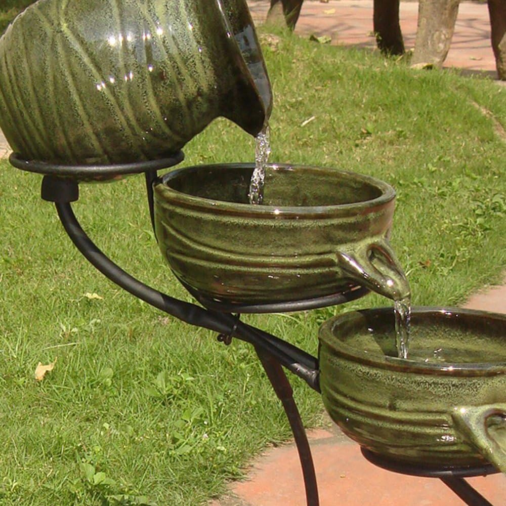 Smart Solar Glossy Ceramic 4-Tiered Cascade Solar-Powered Fountain with 10' Cable, Elegant Cascading Outdoor Solar Garden Fountain, Green