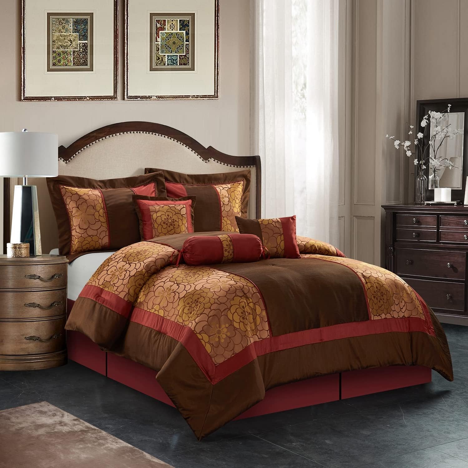 Stratford Park Red/Brown Comforter Sets King Size, 7 Piece, Home Decor, Premium Lightweight Microfiber, All Season Bedding Set, Matching Bedskirt, Pillows & Shams